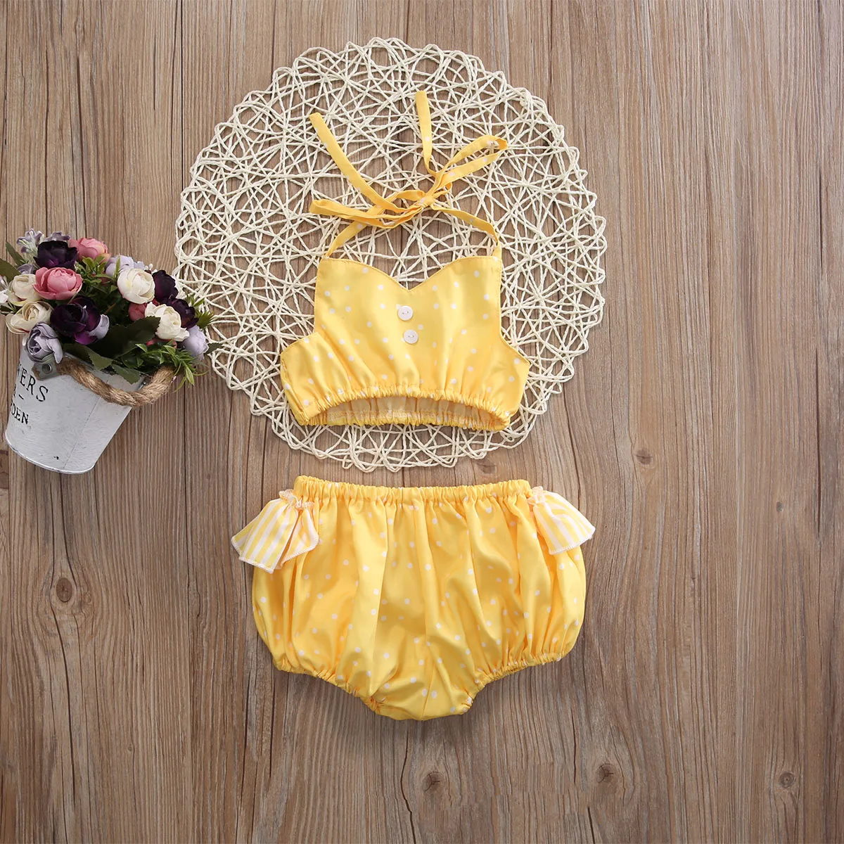 Newborn Baby Girls Clothing Set Backless Girl Crop Top AND YELLOW dot Shorts Kid Baby Girl sets