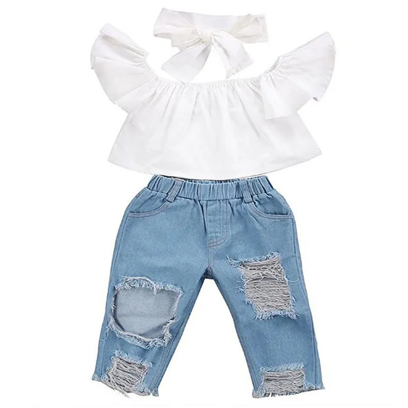 The new fashion cute design Baby Off shoulder Crop Tops + Hole Denim Pant Jean Headband Toddler Kids Clothes (9)