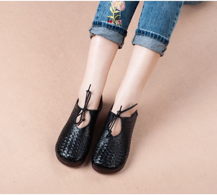 Women Flats 2018 Summer Retro Handmade Breathable Flat Cow Leather Hole Shoes Comfortable Female Sandals Lace Up Vintage Shoes (4)