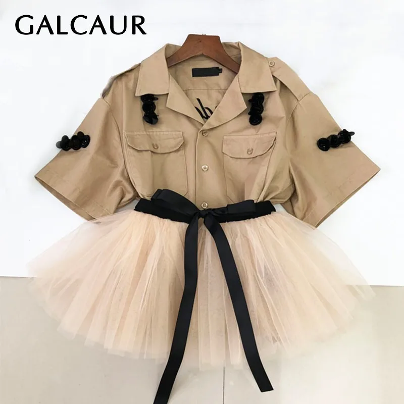 

GALCAUR Casual Embroidery Patchwork Women Blouse Lapel Collar Half Sleeve Mesh Lace Up Tunic Shirt Female Summer 2019 Fashion