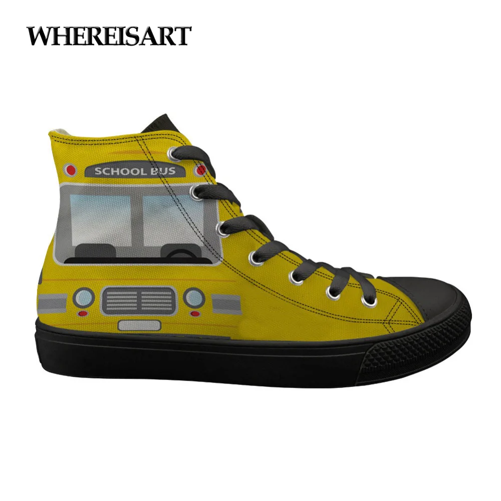 

WHEREISART School Bus Driver Cartoon Ladies Shoes High-top Vulcanize Canvas Shoes for Female Lace Up Sneakers Shoes Woman Flats