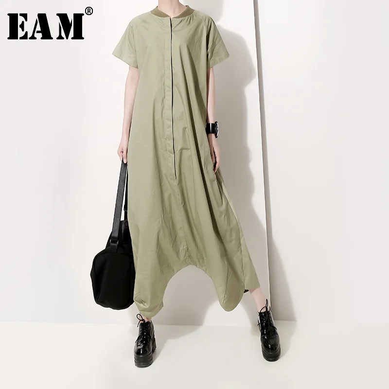 

[EAM] 2019 New Autumn Winter High Waist Pocket Stitch Big Size Pocket Stitch Wide Leg Loose Pants Women Jumpsuit Fashion JU410