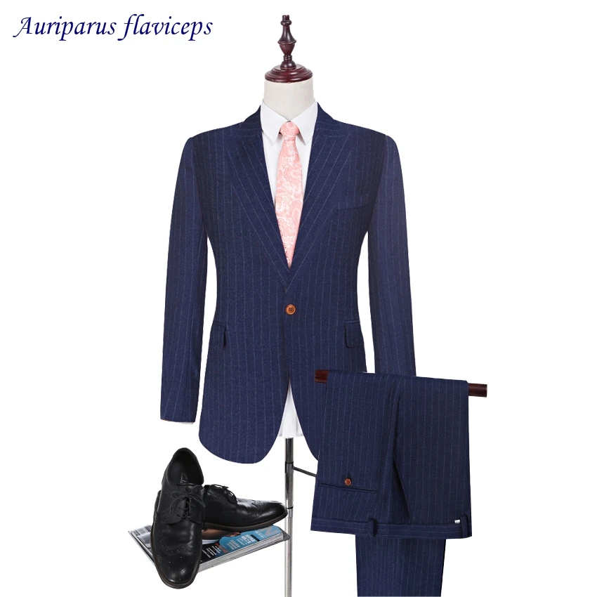 

2019 Pinstripe Tuxedos Peaked Lapel Groomsman Suit Wedding suit one Button Worsted Wool Suits 2019 Man Suit(Jacket+pants+vest)