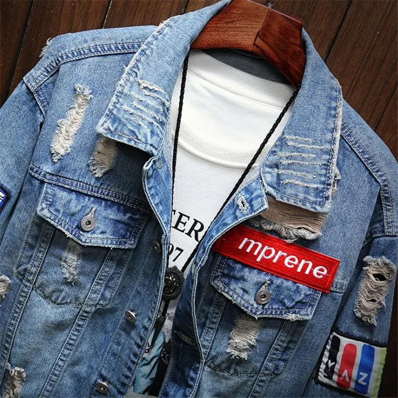 Hi-Street Men Ripped Ribbon jeans Jackets washed Distressed Denim Man Justin Bieber Slim Fit Streetwear HipHop Vintage Jacket