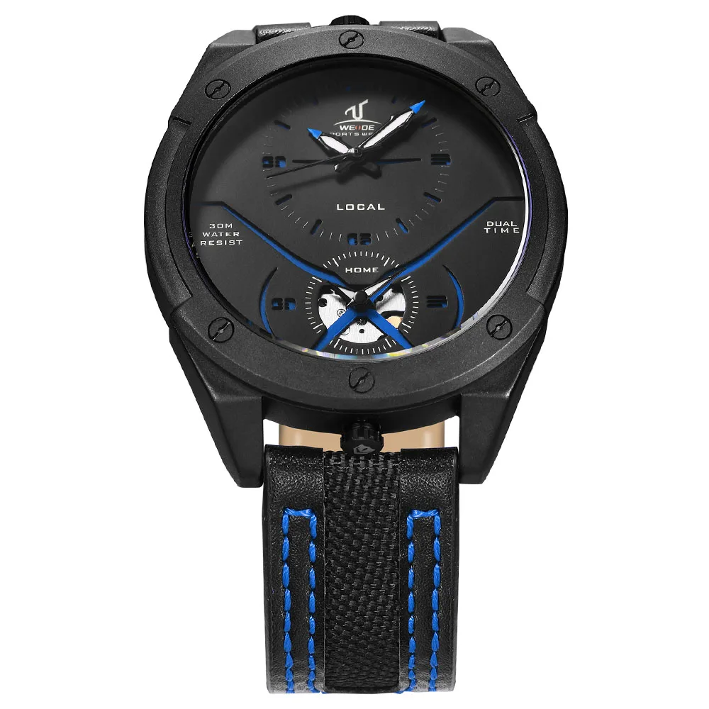 

WEIDE Genuine Men's top Luxury Brand multiple time zone Leather Clock Automatic relogios Waterproof watch Analog sport clock