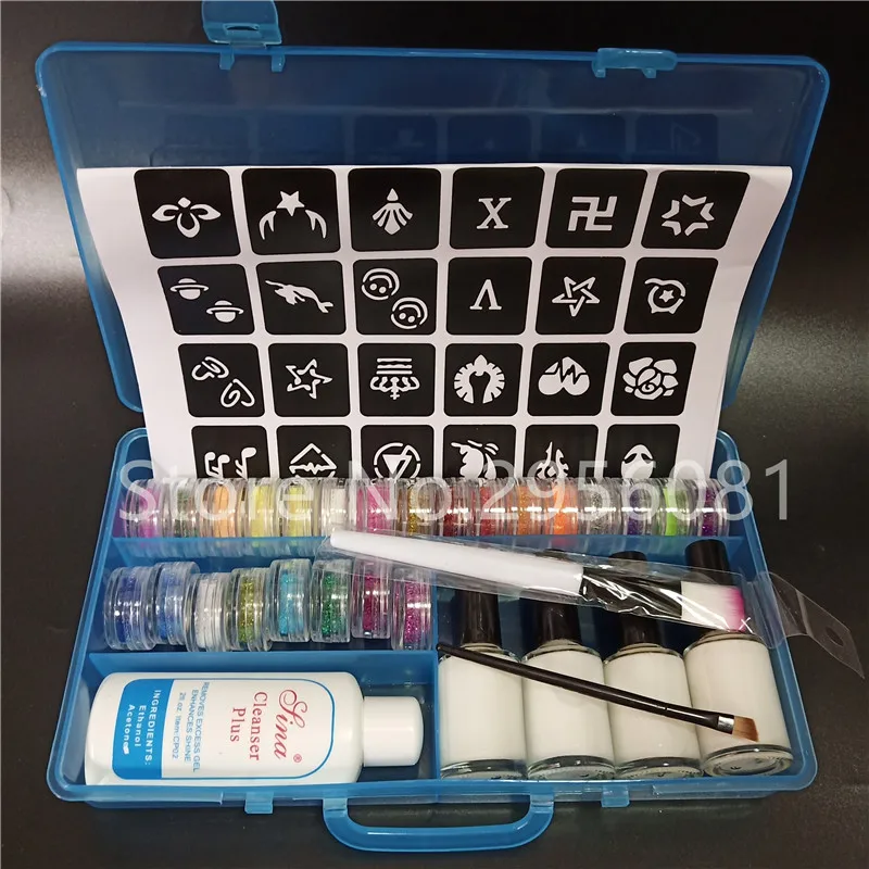 24 Colors Powder Temporary Shimmer Glitter 4 Glues 2 Brushes 1 Stencils 1 Cleansing Water For Tattoo Body Kids Face Art
