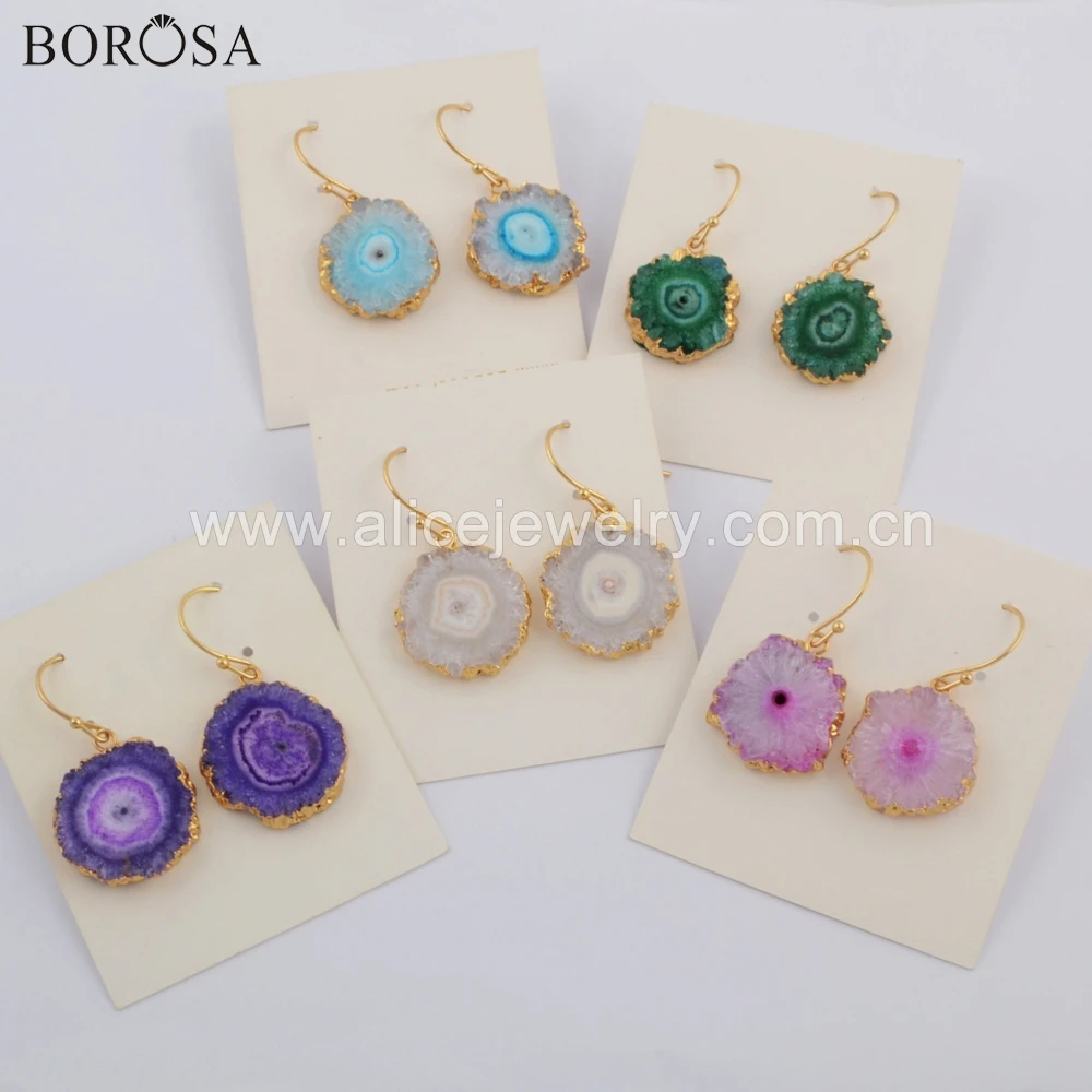 

BOROSA 5Pairs Fashion Colorful Gold Electroplated Natural Solar Quartz Druzy Titanium Rainbow Drop Earrings Jewelry G1739