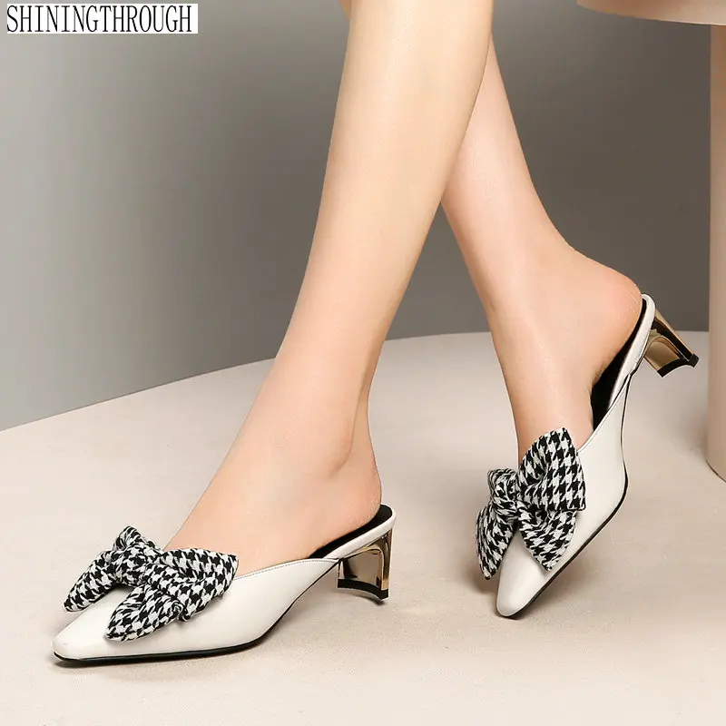 

2019 New summer bowties Women Mules Open Toe 4.5 Cm metal high Heel Slippers black beige ladies party sandals size 33 42 43