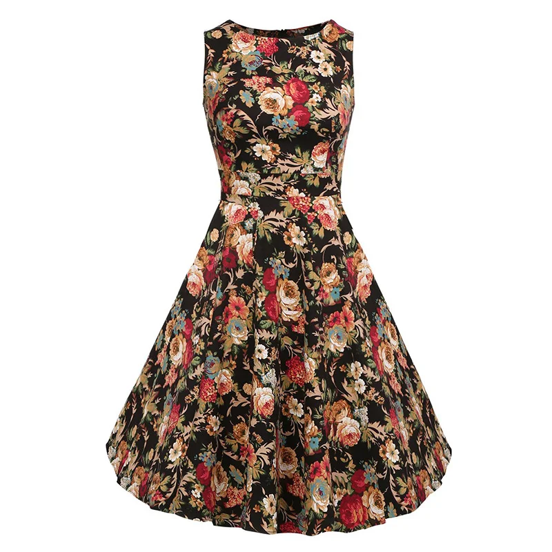 Kostlish Cotton Summer Dress Women 2017 Sleeveless Tunic 50s Vintage Dress Belt Elegant Print Rockabilly Party Dresses Sundress (33)
