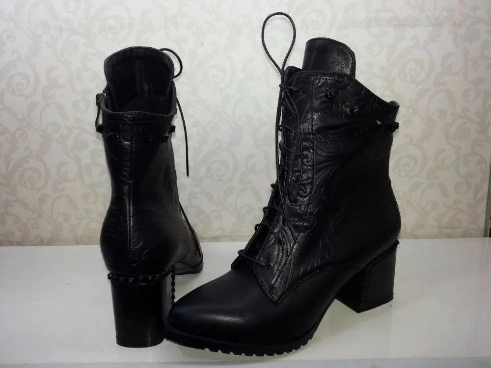 Kickway/женские ботильоны; женские ботинки; большие размеры 34-43; botas mujer invierno; коллекция года; на шнуровке; с острым носком; из натуральной кожи; на среднем каблуке