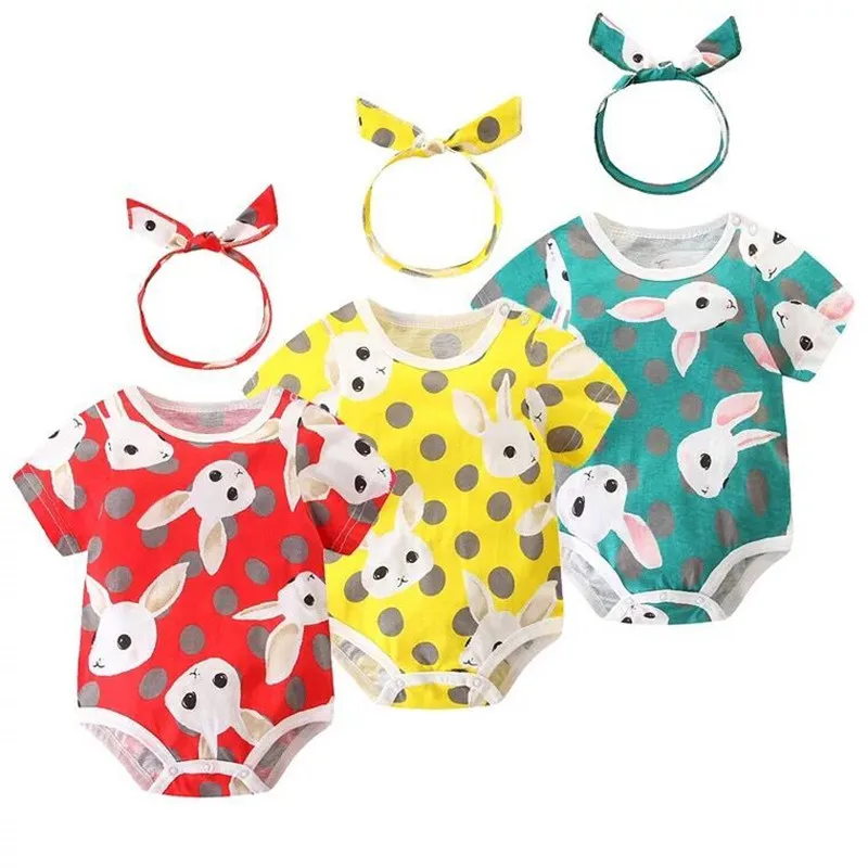 

Baby Girl Summer Rompers Set Toddler Cartoon Rabbit Cotton Short Sleeve +Cute Headband Newborn Babies Jumpsuit 6-18Months