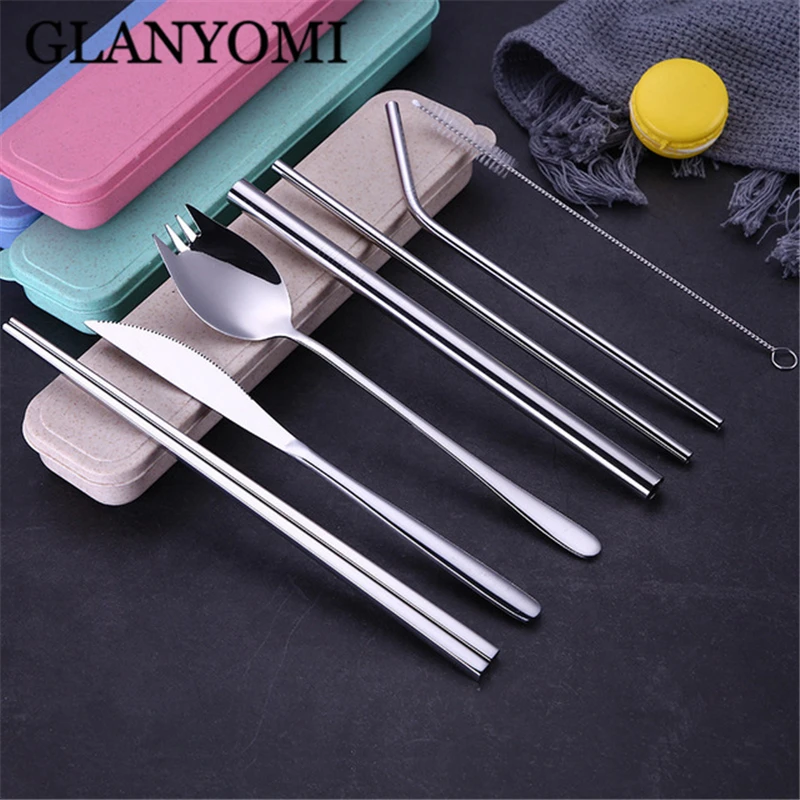 

7 Pieces Portable Dinnerware Straw Set Korean Cutlery Set 304 Stainless Steel Straw Tableware Set Kitchen Tools Drinking
