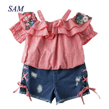 

Girls plaid applique strapless shoulder t shirt + denim shorts 2 pcs suit 2019 fashion children's princess clothing sets