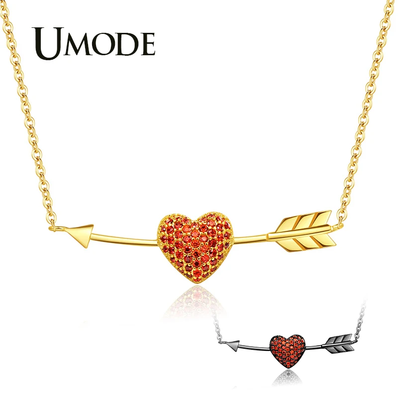 

UMODE 2019 New Red Zircon Heart&Arrow Pendant Necklace for Women Gold&Black Color CZ Crystal Necklace Link Chain Jewelry AUN0359