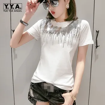 

Brand New Summer Female Chic Sequins Diamonds Tees Top Short Sleeve O-Neck Slim Fit Big Size Casual Streetwear Womens T-Shirts