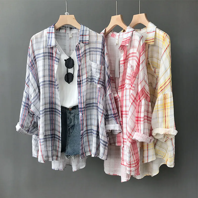 

Sunproof Women Summer Blouses Long Sleeve Plaid Shirts Turn Down Collar Shirt Casual Feminine Student style Blouses Loose Tops