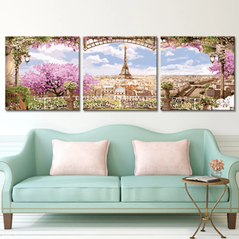 

3pcs combinations Oil Painting Flower Tower Painting By Numbers Paint Flower DIY Canvas Picture Hand Painted Home Decoration