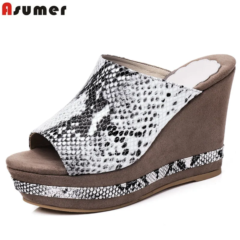 

Asumer SIZE 34-43 New genuine leather sandals women heels 10cm wedges sandals peep toe snake printing wedge slippers lady mules