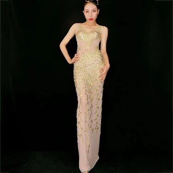 

Shining Gold Rhinestones Long Dress Woman Club Bar Singer Dancer Costumes Outfits Birthday Celebrate See Through Dresses DT399