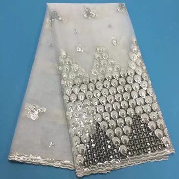 

French Lace Fabric High Class African Laces Fabric Double Organza With Sequins Embroidery For Sewing Beauty Women Dress White(5