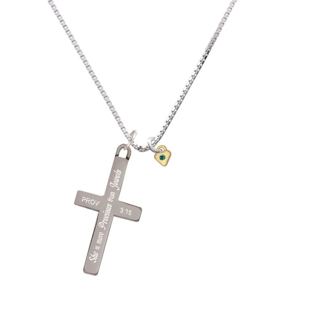 Mini December - Teal Crystal Gold Tone Heart - She is More Precious - Cross Necklace