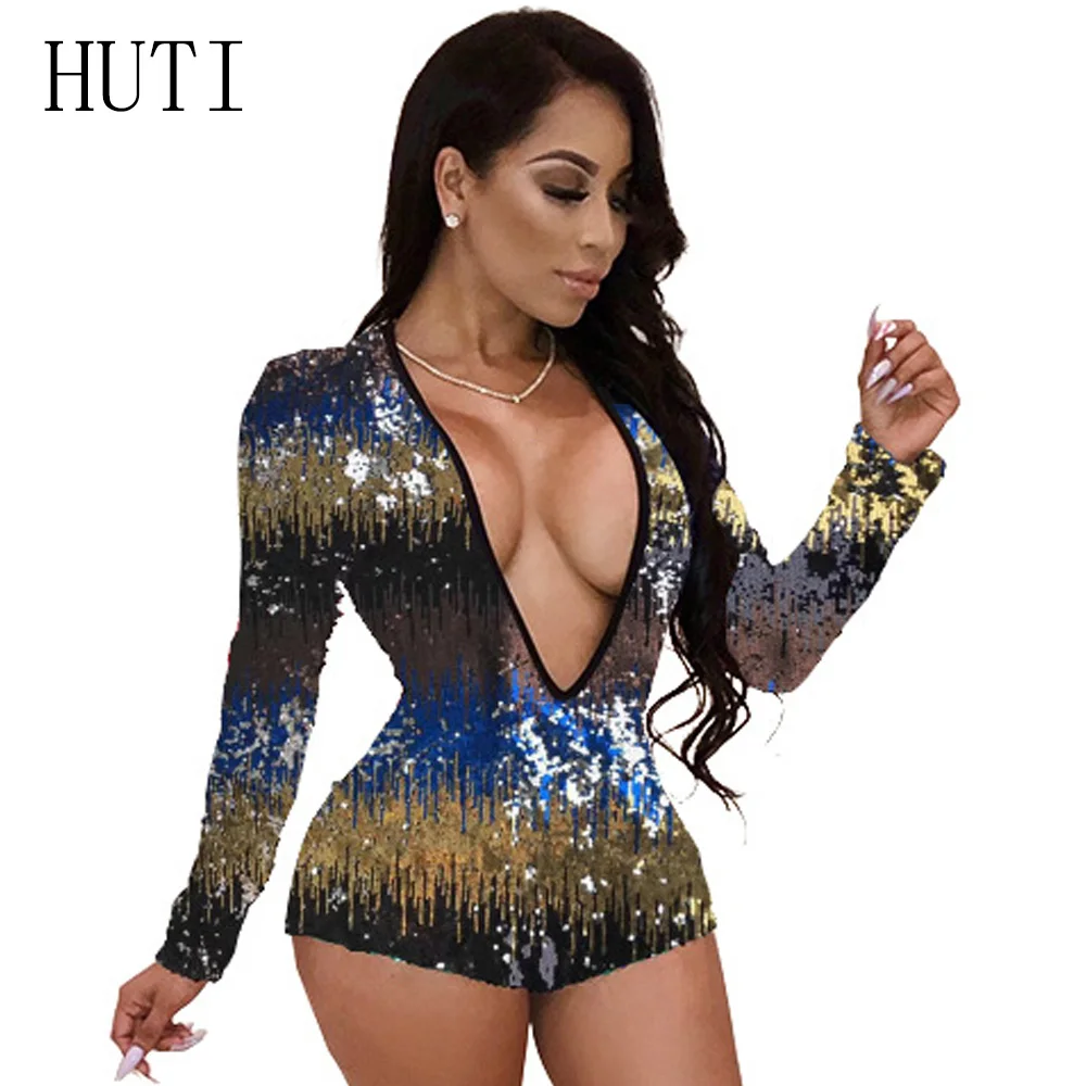 HUTI Charming Colorful Sequins Jumpsuit Rompers Sexy Deep V Neck Long Sleeve Playsuit Feminino Clubwear Skinny Jumpsuits