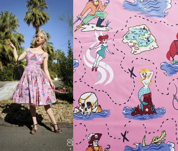 

50*140cm Europe us hand retro DIY cloth cotton stretch fabric printing Mermaid pirates tribute section brand fabric wide 140cm