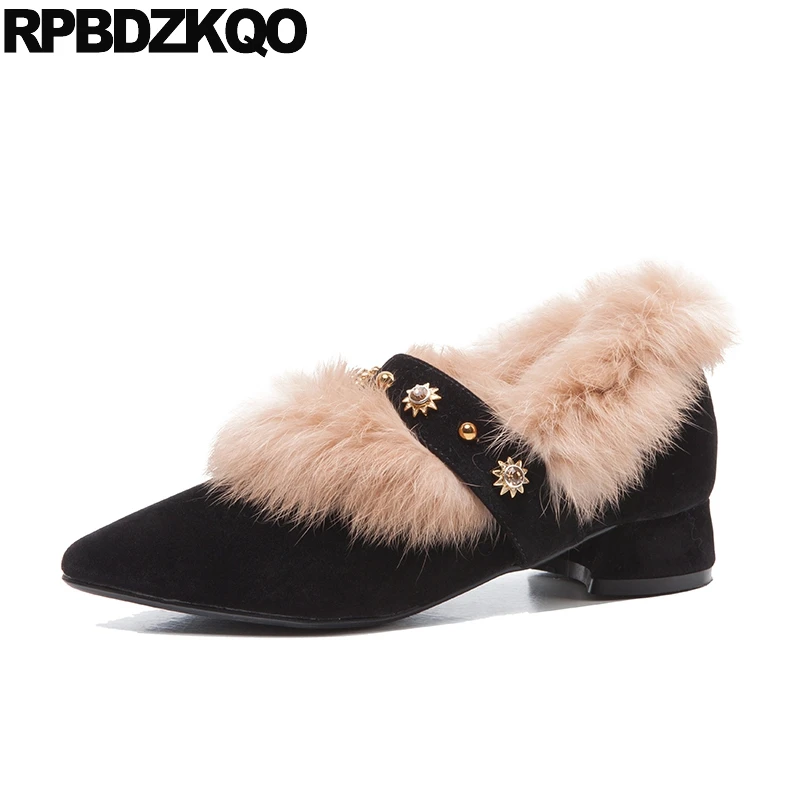 

stud suede fashion elegant women shoes rivet pointed toe footwear new pink pearl metal chunky fur block 2019 black low heels