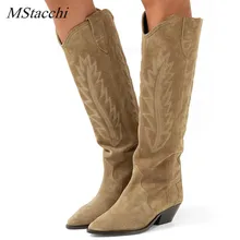 

MStacchi Women's High Boots Nude Black Suede Embroidered Knee High Boots Women Sexy Pointed Toe Spike Kitten Heels Knight Boots