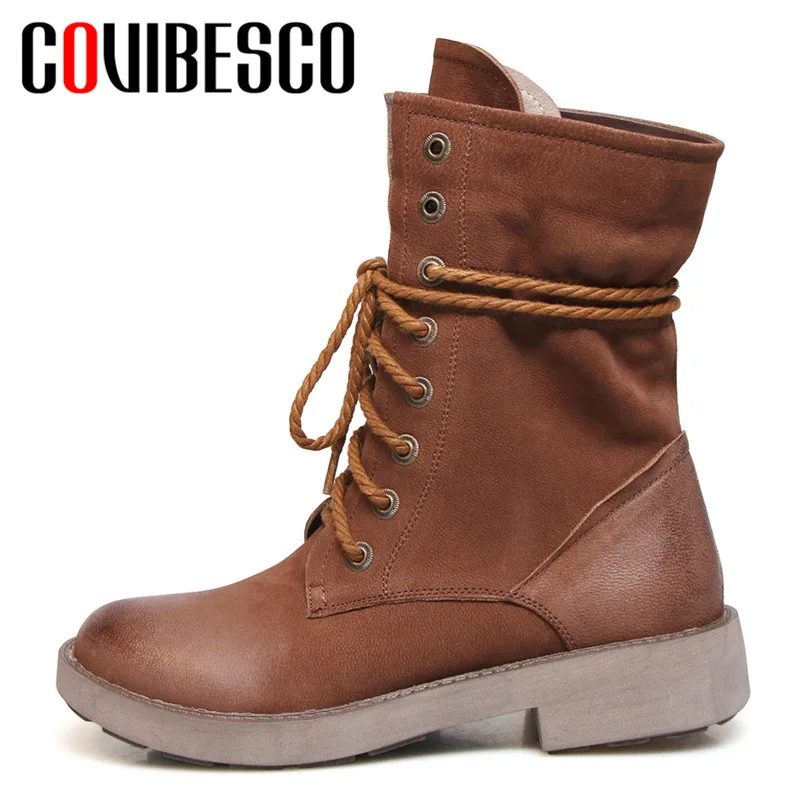 

COVIBESCO 2019 Solid Lace-up Genuine Leather Women Ankle Boots Fashion Elegant Spring Autumn Round Toe Casual Basic Shoes Woman