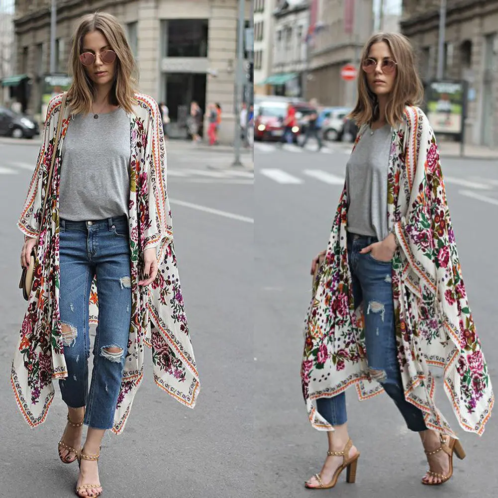 Vintage Women Floral Printed Loose Long Sleeve Shawl