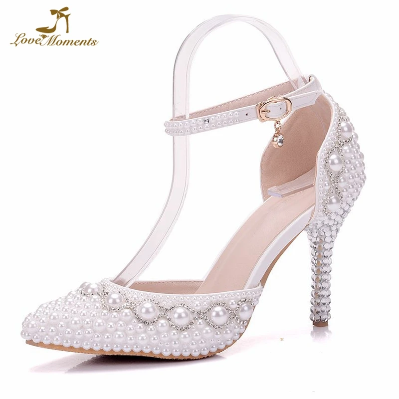 Women Summer Shoes White Pearl Diamond Wedding Shoes High Heels Pointed ...