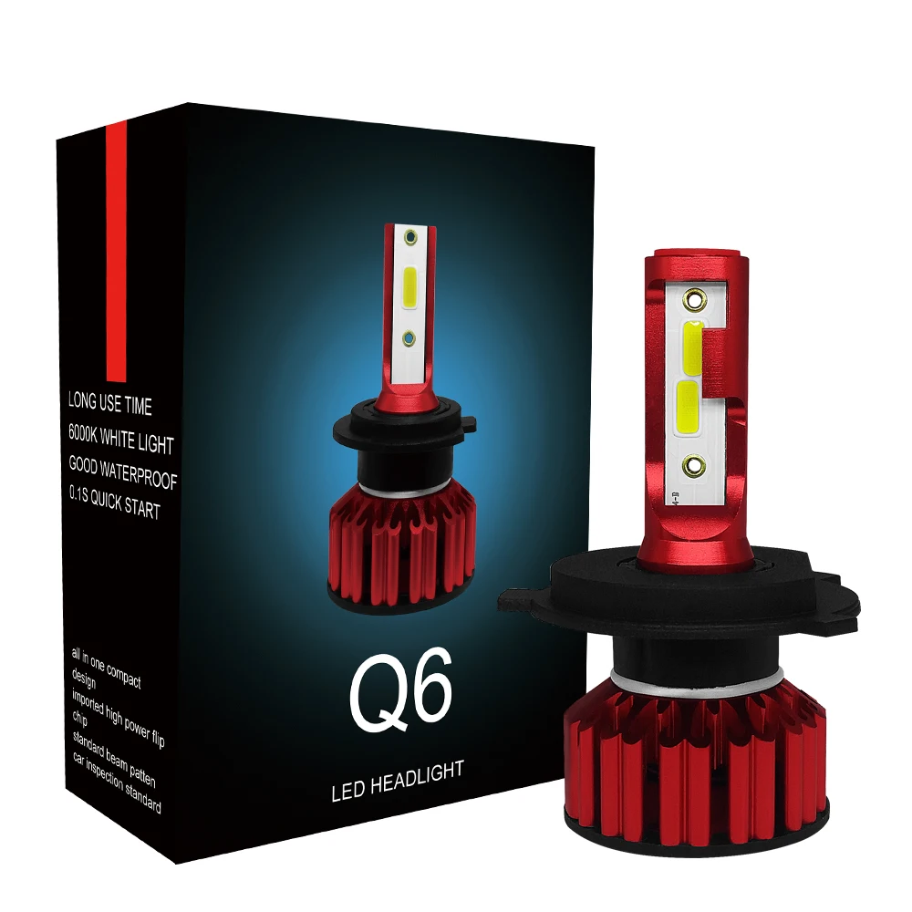 2PCS  Q6 Car LED Headlight Bulbs H4/9003/HB2 COB 50W White 6000K Light CSP LED Auto Headlamp Far and Near Fanless Style Light