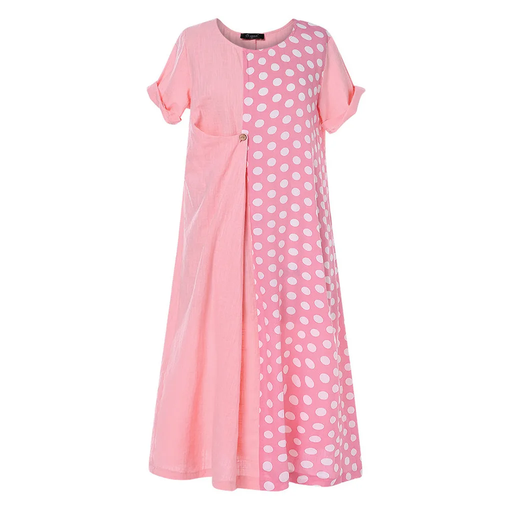 Womail, летние платья для женщин размера плюс, женское хлопковое и льняное платье в горошек с О-образным вырезом и карманами, Повседневное платье, свободное платье, Ju13 - Цвет: Pink