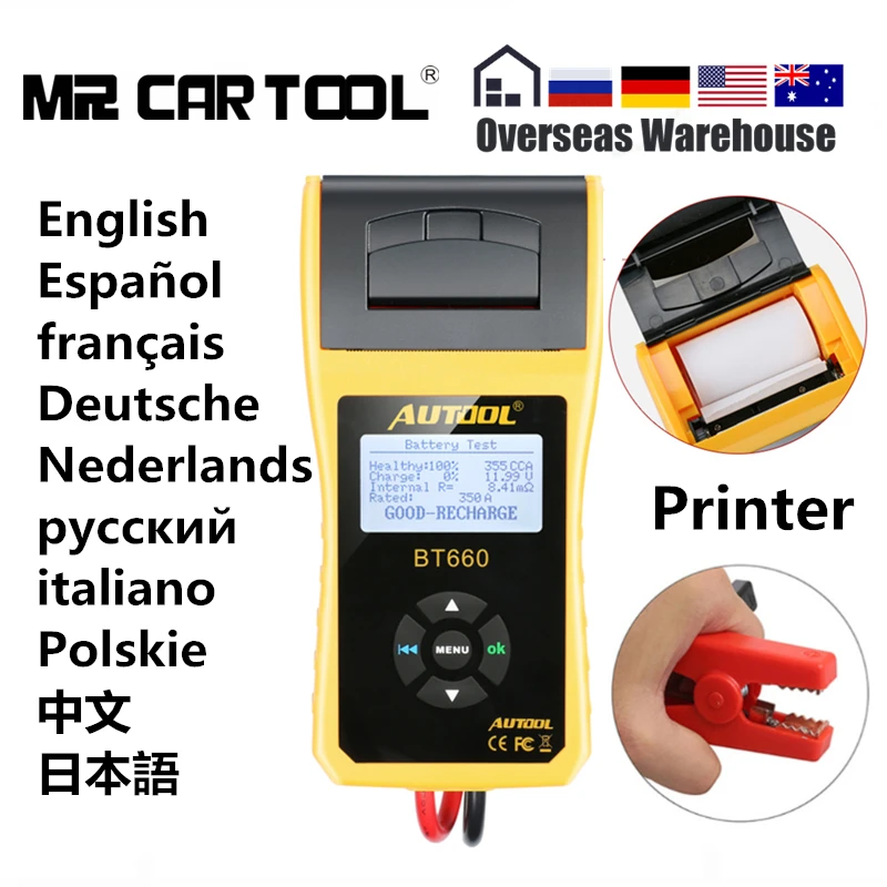 

AUTOOL BT660 Car Battery Load Tester Analyzer Printer 12V CCA Auto Cranking Charging Volt Test Vehicle Diagnostic Tool Digital