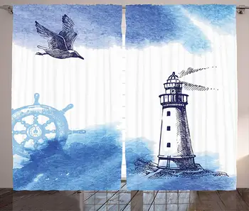 

Farm House Decor Curtains Nostalgic Watercolors with Gull Ancient Anchor Lighthouse Nautical Theme Living Room Bedroom Window