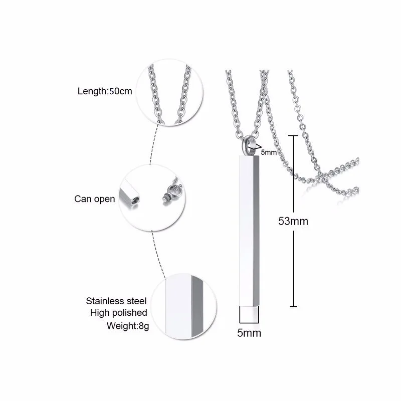 Прямоугольная подвеска в форме урны, ожерелье для мужчин и женщин, нержавеющая сталь, водонепроницаемый мемориал, пепел, Keepsake, 20 дюймов