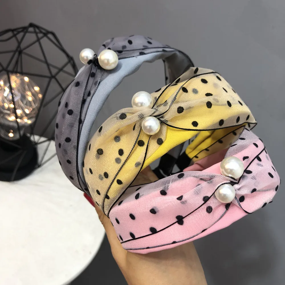 

Fashion Women Pearl Hairband Patchwork Dot Mesh Knot Headbands for Women Korean Girls Hair Accessories Soft Wide Hair Band Hoop