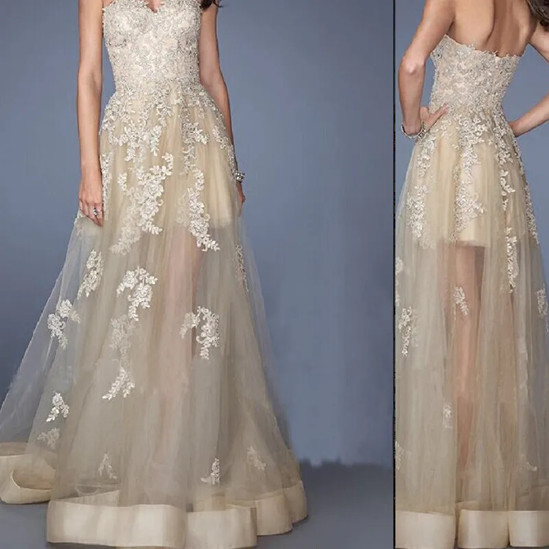 strapless sexy V-neck chiffon lace applique beauti...