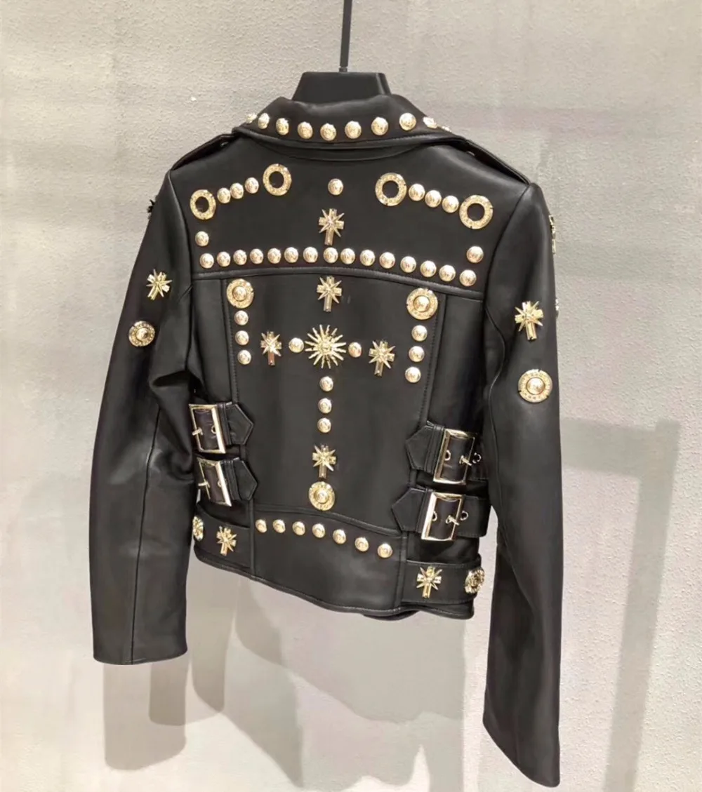 European style women's rivets jackets coat 2019 spring real leather biker jackets High quality sheepskin coat G152
