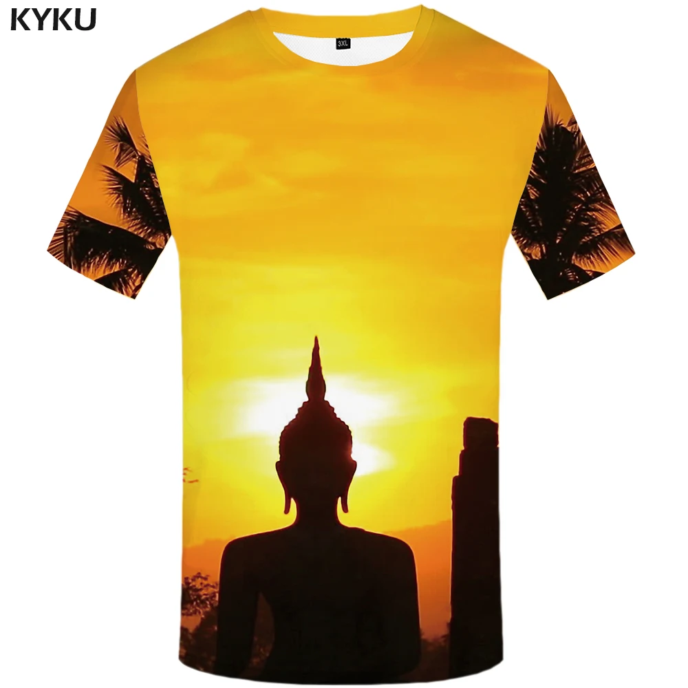 

KYKU Coconut Tree T-shirt Men Buddha Tshirt Printed Sky Tshirts Casual Harajuku Anime Clothes Gothic Shirt Print Mens Clothing