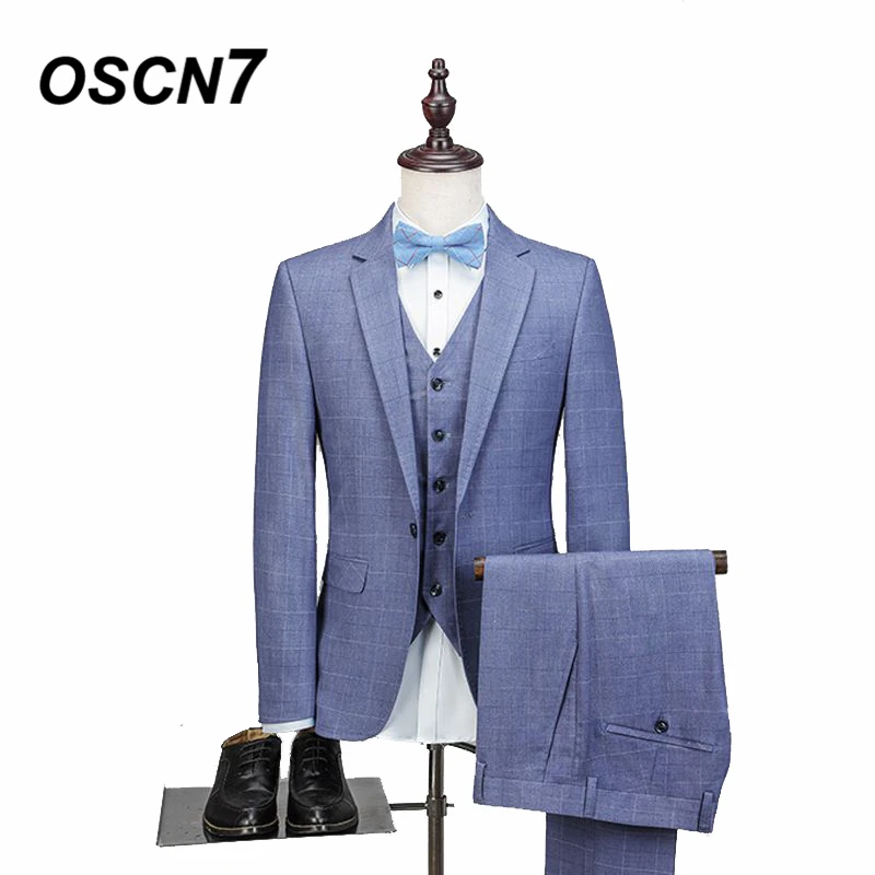 OSCN7 Синий индивидуальный заказ костюм Для мужчин плед 3 предмета Slim Fit Досуг