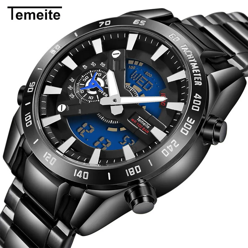 Temeite Mens Watches Top Brand Luxury Sport Watch Men Stainless Steel Band LED Dual Display Quartz 1