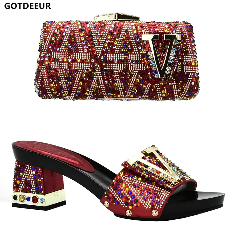 

New Italian Shoes with Matching Bags for Wedding Set Decorated with Rhinestone African Party Italy Woman Italian Shoes and Bags