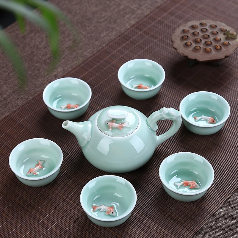 Чайный набор Longquan Celadon с рыбками, керамический чайник, керамическая чайная чашка, китайский чайный набор кунг-фу, посуда для напитков, 1 горшок+ 6 чашек - Цвет: see chart