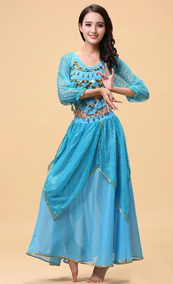 Комплект из 2 предметов, взрослый костюм для танца живота, индийский Египетский Болливудский танцевальный костюм, индийское платье, Женский танцевальный костюм для танца живота, комплекты для выступлений - Цвет: Небесно-голубой