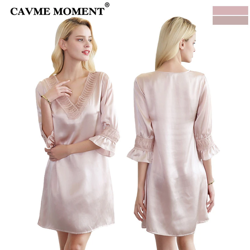 

CAVME 2019 Summer Plus Size Silk Nightgown Elegant Lace Sleepshirts Lace V-Neck Solid Color Beige Pink Nightdressing Sleepwear