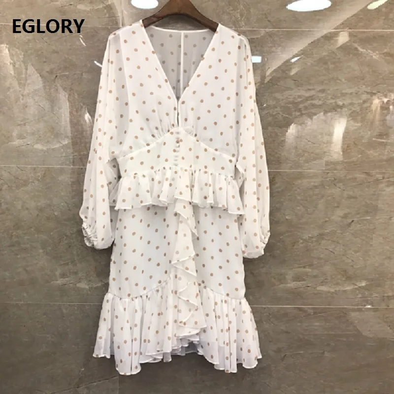 

Novia Party 2019 Summer Fashion Sexy Club Women V-Neck Polka Dot Print Tunic Buttons 3/4 Sleeve Ruffle Flower Elegant Dress Club