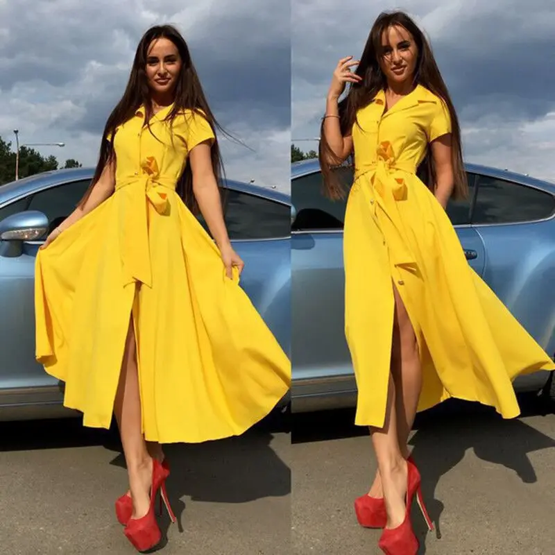 

Women Vintage Sashes Button Maxi Dress Short Sleeve Turn Down Collar Office Elegant Party Dress 2019 Summer Fashion Women Dress