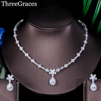 

ThreeGraces Bridal Wedding Gift Crystal Drop Flower Earrings And Necklace Cubic Zirconia Stone Jewelry Set For Bridesmaids JS049